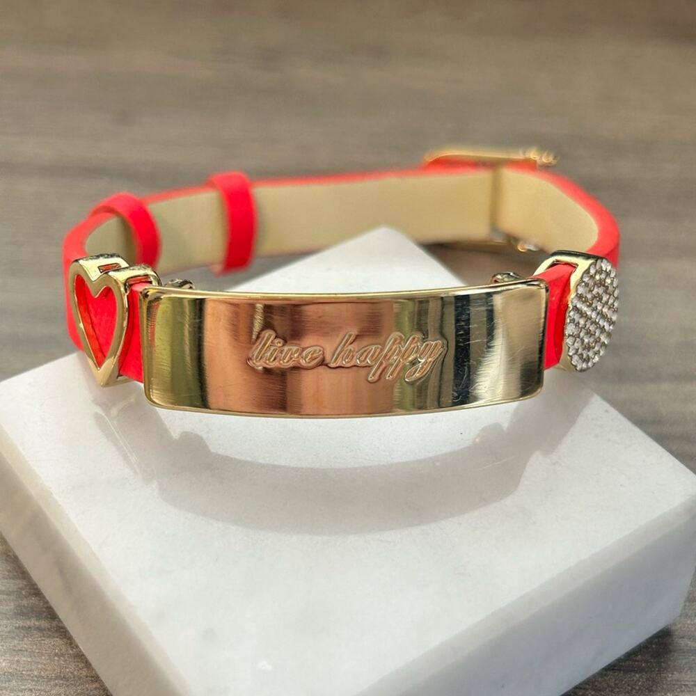 KEEP collective gold tone Live Happy pink leather slide bracelet #C104 charms